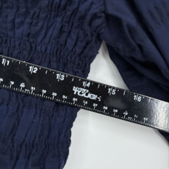 Anthropologie Maeve Smocked Top Large Navy Searsucker Windowpane Balloon Sleeve - Picture 10 of 11